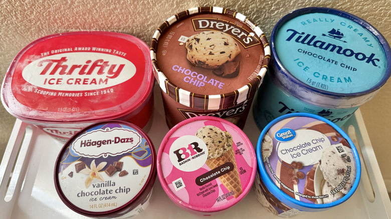 Top view of chocolate chip ice cream lids