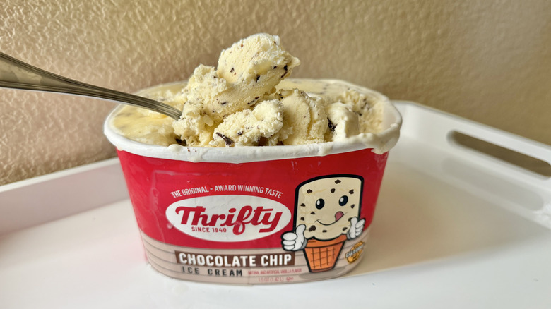 Thrifty Chocolate Chip ice cream in a tub