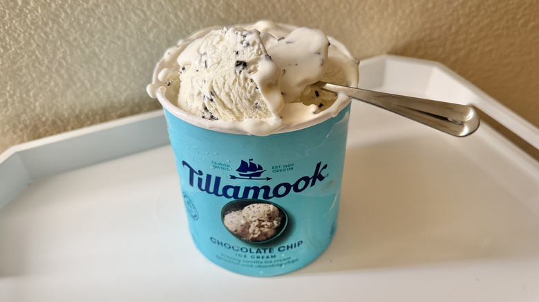Tillamook chocolate chip ice cream in a big tub