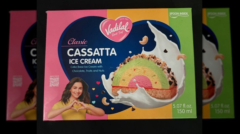 Box of cassatta ice cream showing the rainbow colors of the product