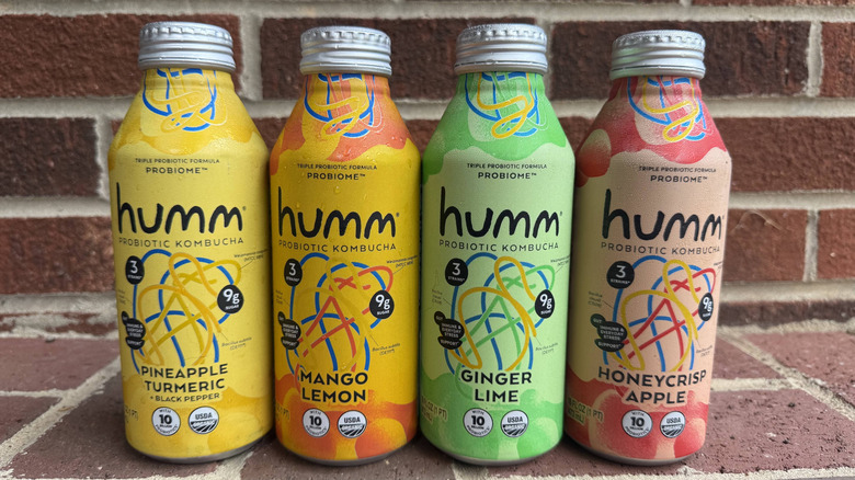 Four aluminum bottles of Humm kombucha lined up on brick surface