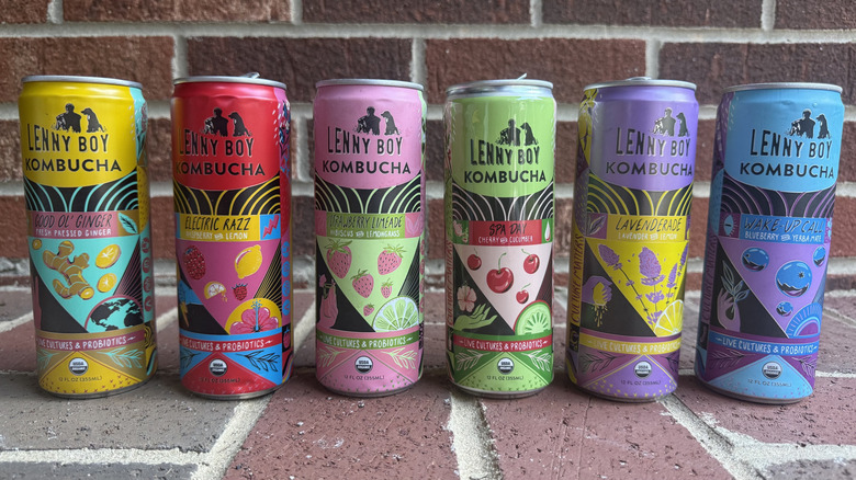 Six tall cans of Lenny Boy kombucha lined up on brick surface