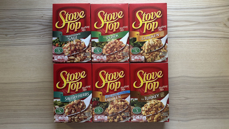 Boxes of Stove Top stuffing arranged on wooden table
