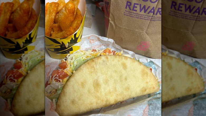 Mirrored image of Taco Bell Chalupa meal with fries and brown bag