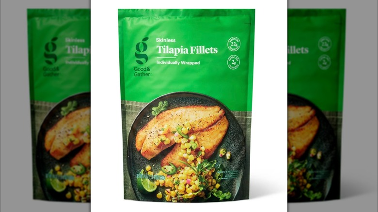 Skinless tilapia fillets in green packaging