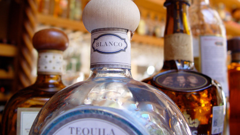 Close-up of a tequila blanco bottle