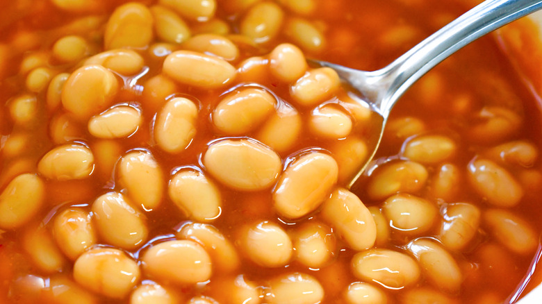 Close up shot of baked beans on silver spoon