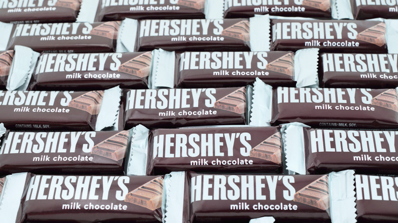 Several Hershey's chocolate bars lined up in rows