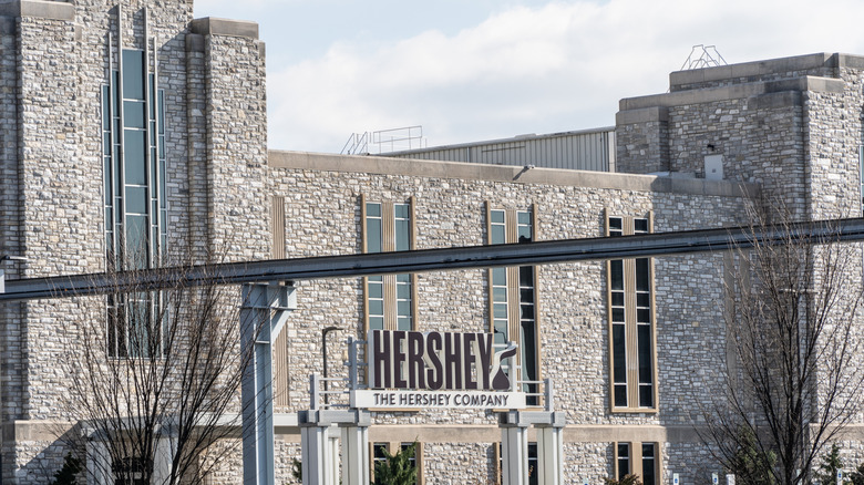 Exterior of Hershey Chocolate Factory with sign showing