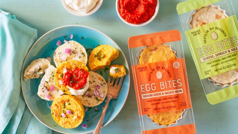 Two packages that read "Egg bites" next to a blue plate