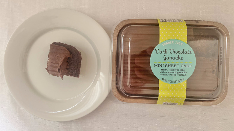 Dark chocolate ganache, mini sheet cake slice on a plate