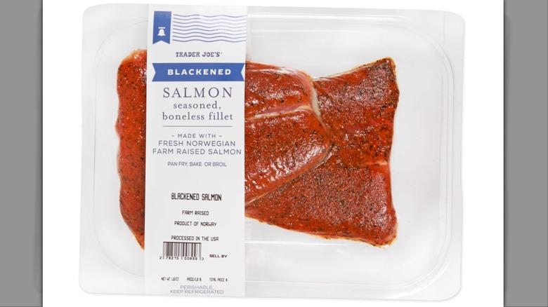 Trader Joe's Blackened Salmon Seasoned Boneless Filet on white background