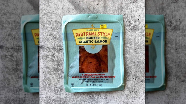 Package of Trader Joe's Pastrami Style Smoked Atlantic Salmon on grey surface