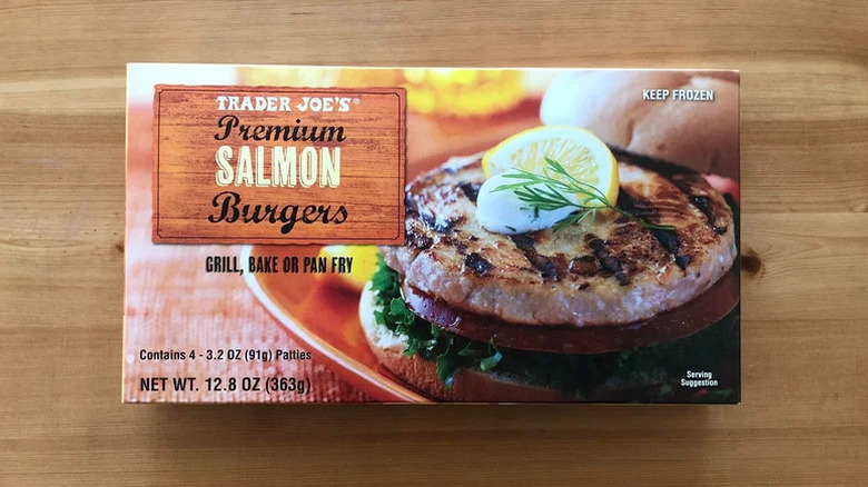 Trader Joe's Salmon Burgers on wooden table