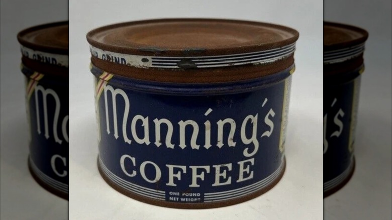 mirrored image of old Manning's Coffee can against white background