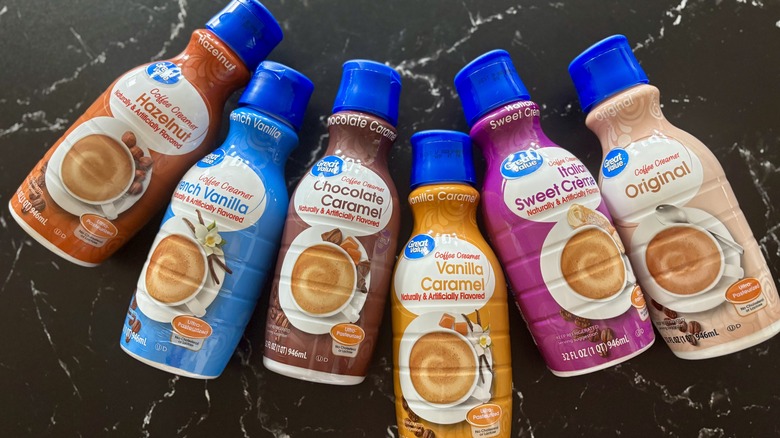 Various Great Value coffee creamer bottles on countertop