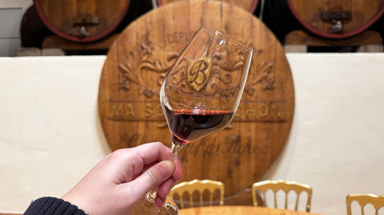 Hand holding glass of red Chateauneuf-du-Pape wine