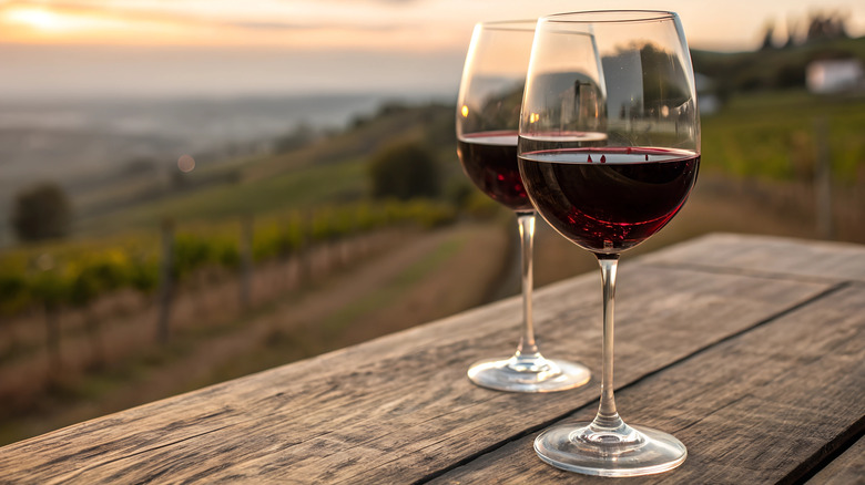 Two glasses of red wine on a picnic table at a vineyard