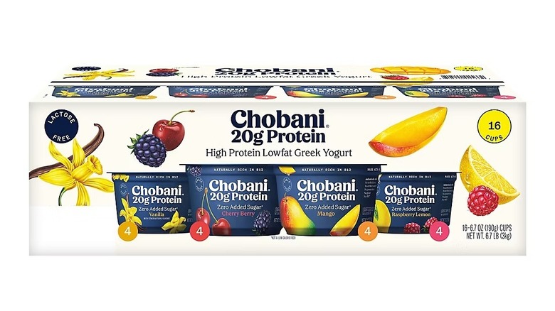 Chobani 20 Grams Protein Greek Yogurt variety pack on a white background