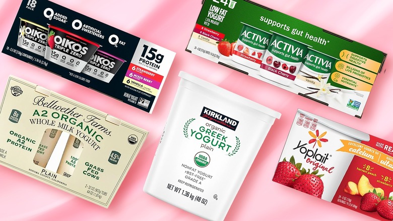 A composite image of different yogurt packaging with pink background