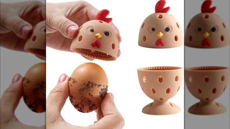 W Store Egg Brush Cleaner shown in use and in its two pieces on a plain white background