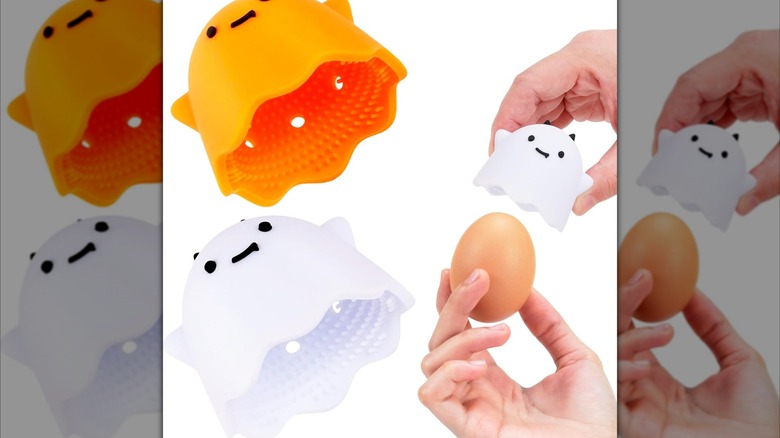 Zowekto 2-Piece Silicone Egg Brush shown on a plain background in two different colors and being used to clean an egg