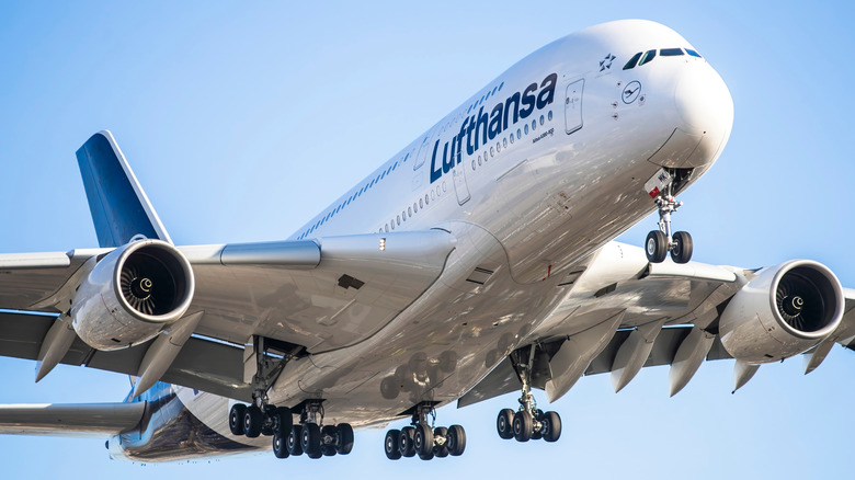 A Lufthansa airplane flying in the air