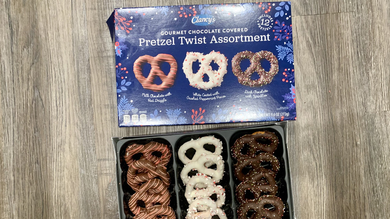 Aldi gourmet holiday pretzels in box on table