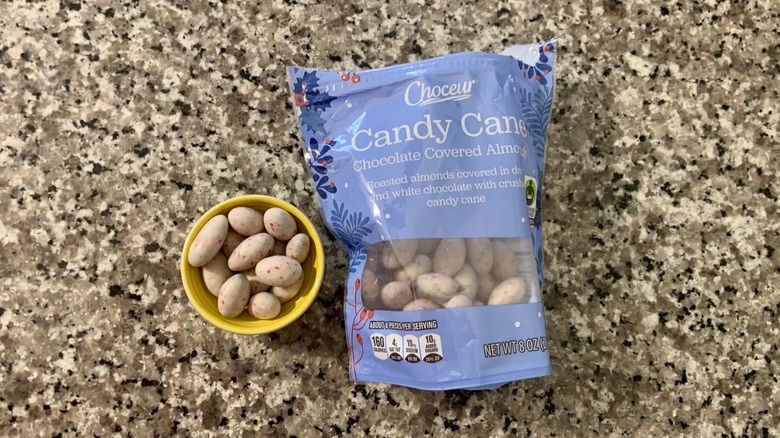 aldi candy cane almonds in bowl on table