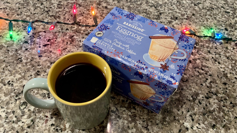 Aldi eggnog flavored coffee in mug on table