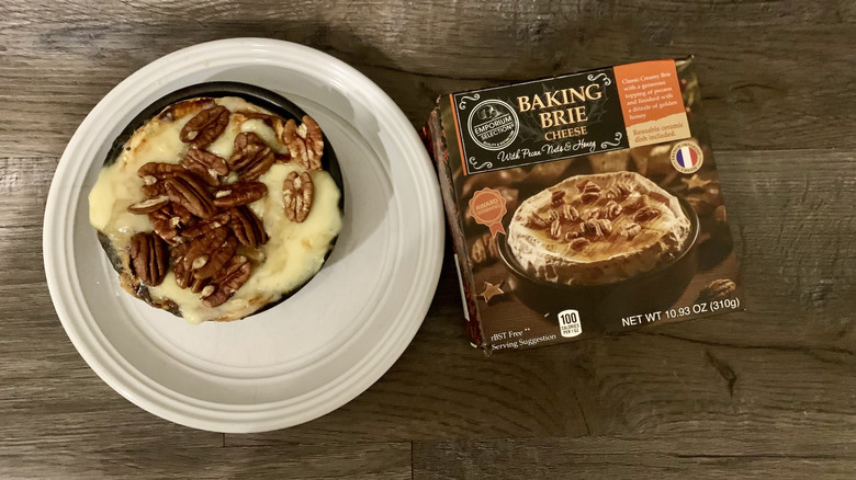 Aldi baked brie on plate with pecans