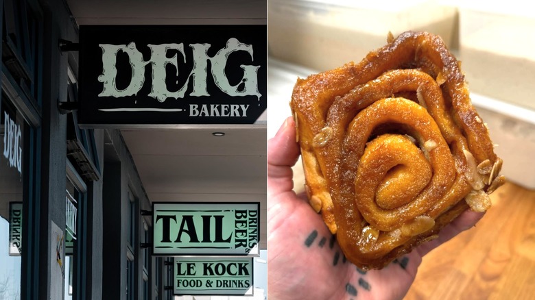 Deig bakery sign and cinnamon bun