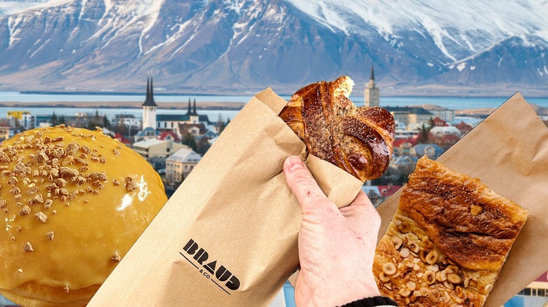 Icelandic bakery items in front of Reykjavik