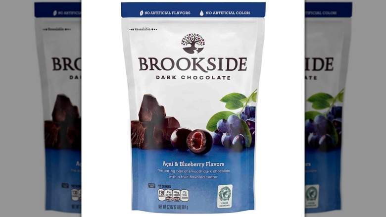 A sealed package of Brookside Açaí & Blueberry Dark Chocolate