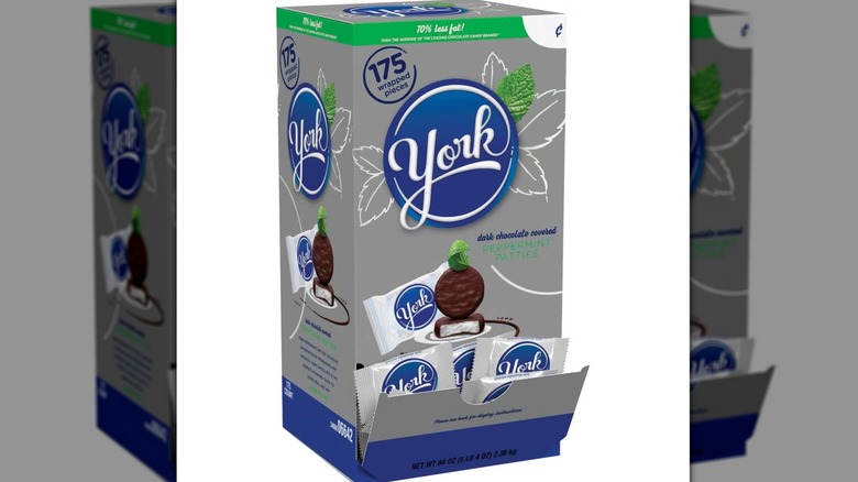 A box of York Chocolate Peppermint Patties with white background