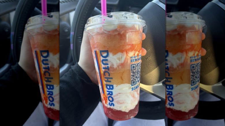 Orangesicle double blended rebel, layered like a parfait to reveal cold foam