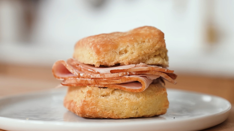 Layers of ham in a sandwich on a white plate