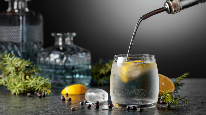 Pouring gin into a cocktail with citrus and juniper berries