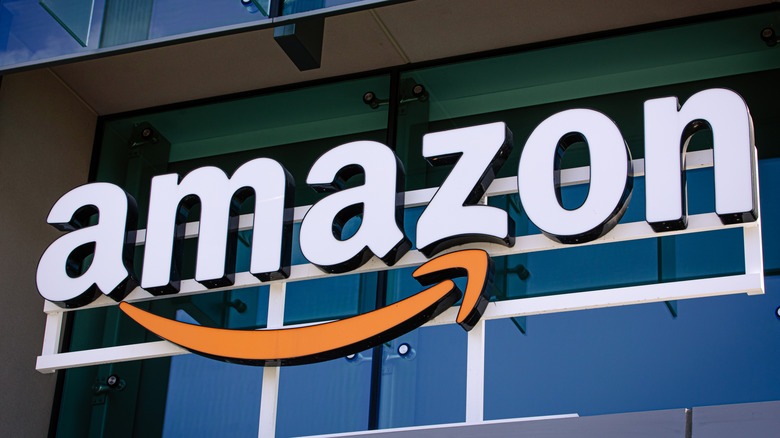 Closeup of Amazon logo on the company office building in Palo Alto, Silicon Valley