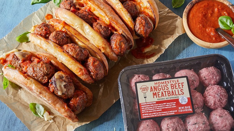 Trader Joe's Homestyle Angus Beef Meatballs in package and sandwiches