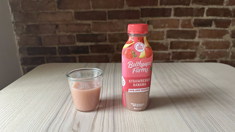 Bolthouse Farms Strawberry Banana smoothie on wooden table