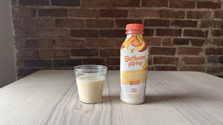 Bolthouse Farms Peach Parfait Breakfast smoothie on wooden table