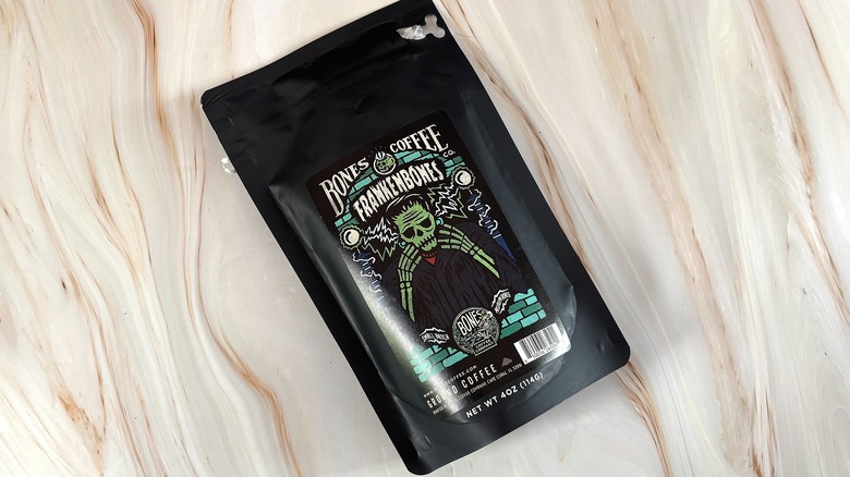 Bag of Frankenbones Bones Coffee on marble surface