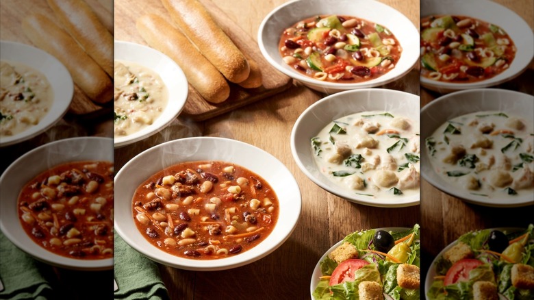 Assorted pasta dishes and breadsticks at Olive Garden