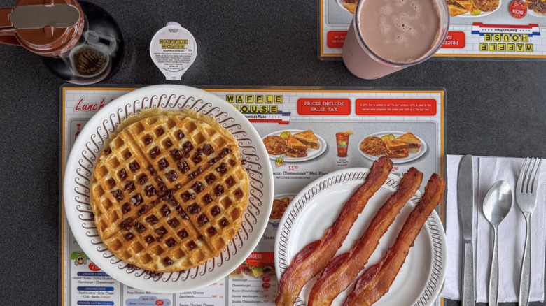 Waffle House waffle, side of bacon, and chocolate drink