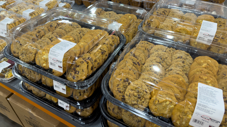 A variety of cookies in plastic trays at Costco