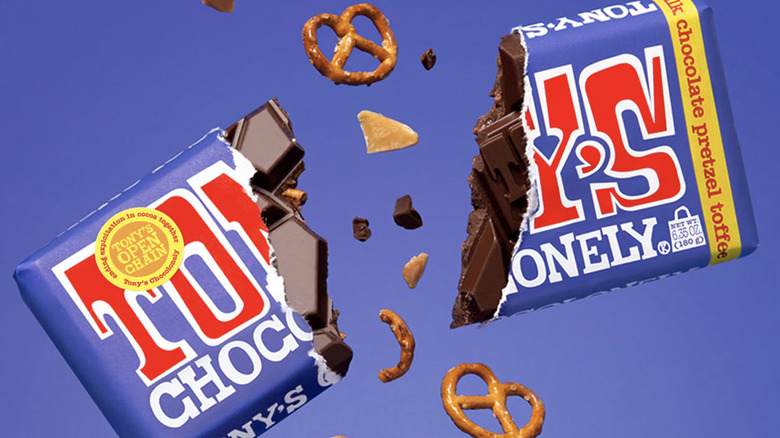 Artistic rendition of Tony's chocolate bar being broken apart to reveal pretzels and toffee