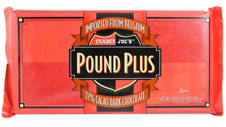 Trader Joe's pound plus 72% cacao dark chocolate bar in wrapper