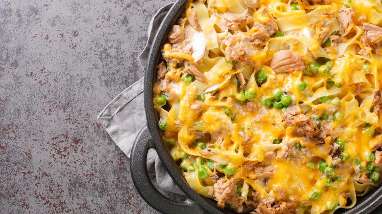 Close up of tuna noodle casserole in black pan