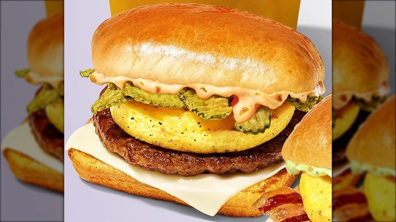 Close-up of CosMc's spicy queso sandwich